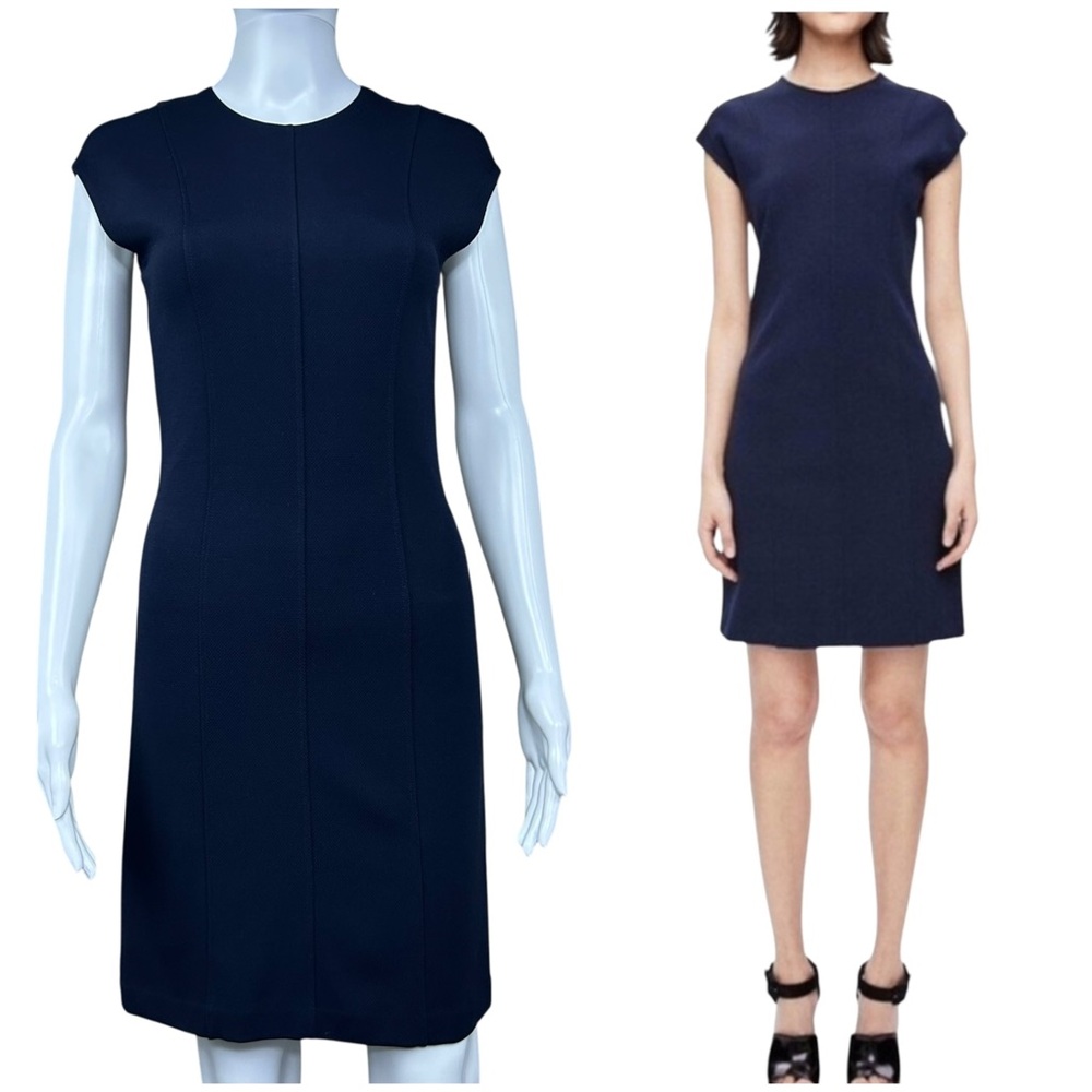 Theory Onine Oxford Knit Day Dress Sz 0 Navy Stretch Preppy Quiet Luxury Capsule